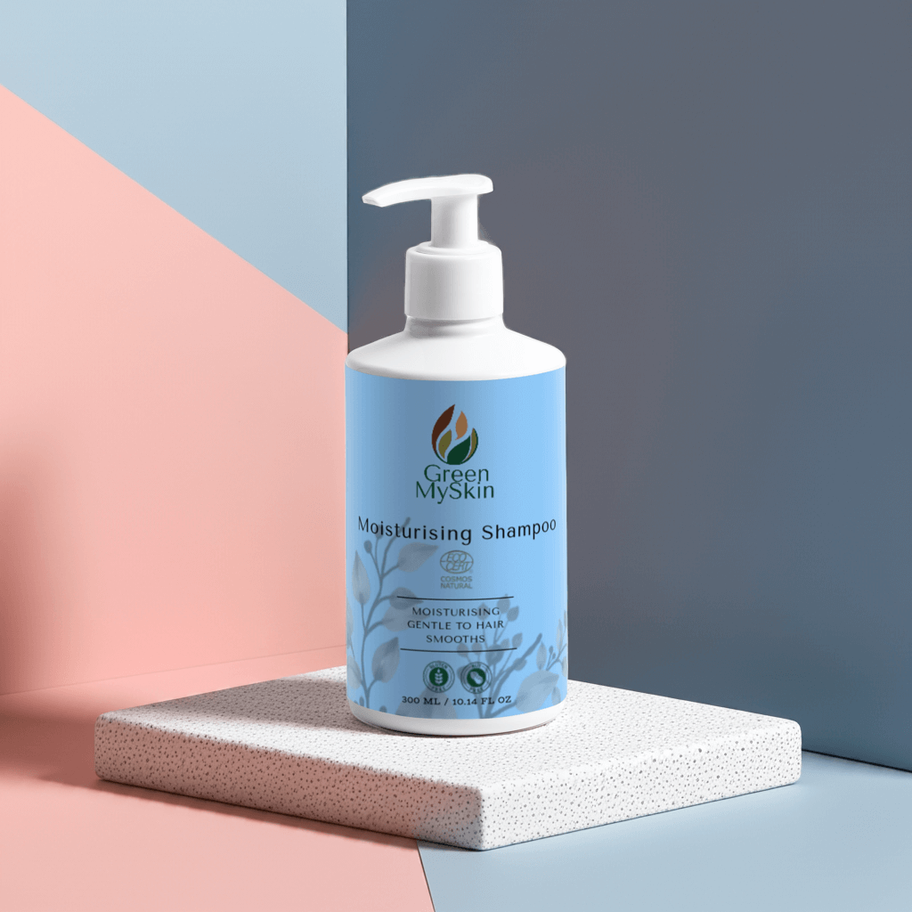 Gentle moisturising shampoo bottle for daily hair care with pump dispenser.