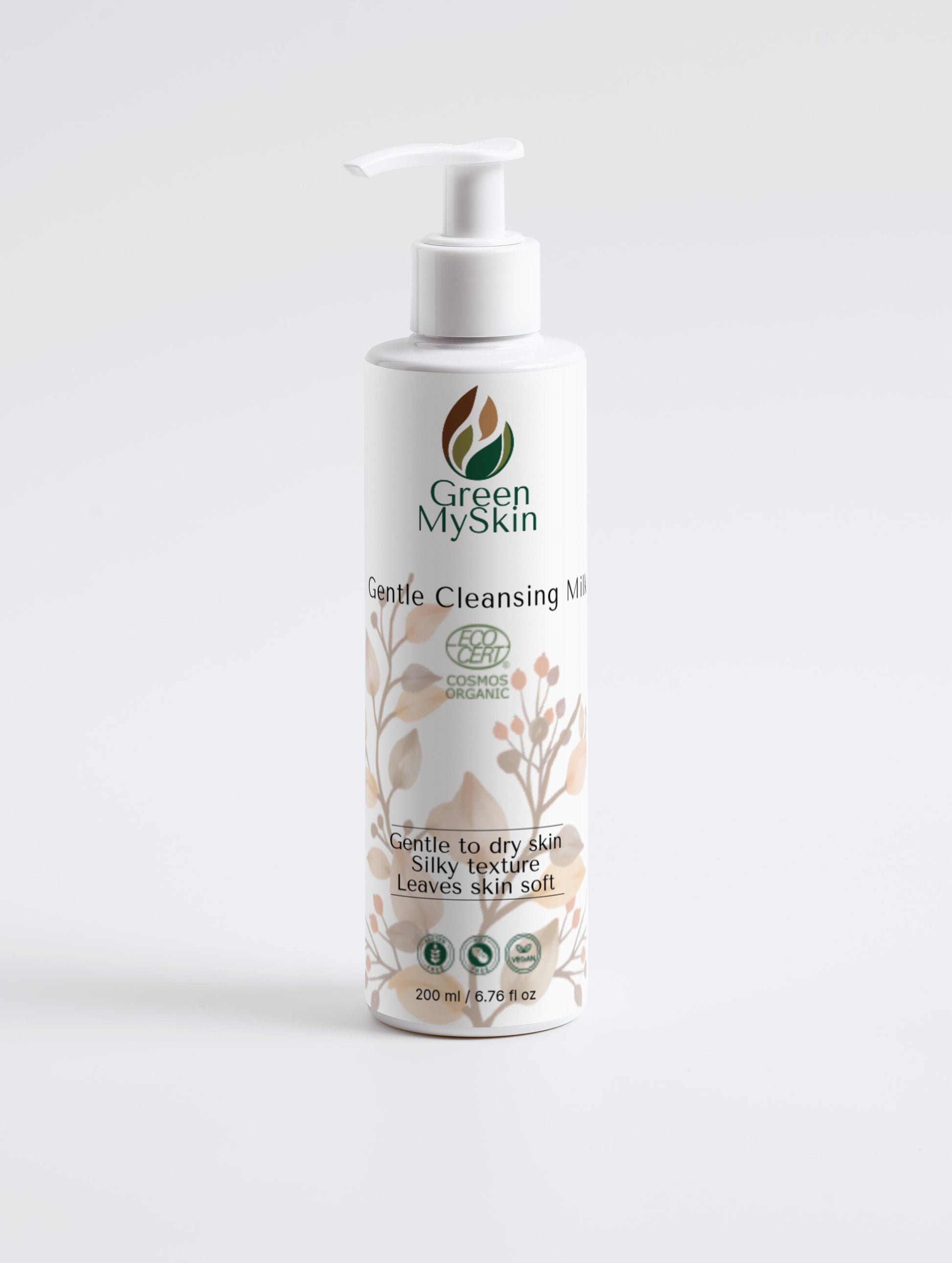 Vegan gentle cleansing milk with organic, cruelty-free ingredients to remove impurities and makeup while soothing and hydrating skin, available at greenmyskin.com.
