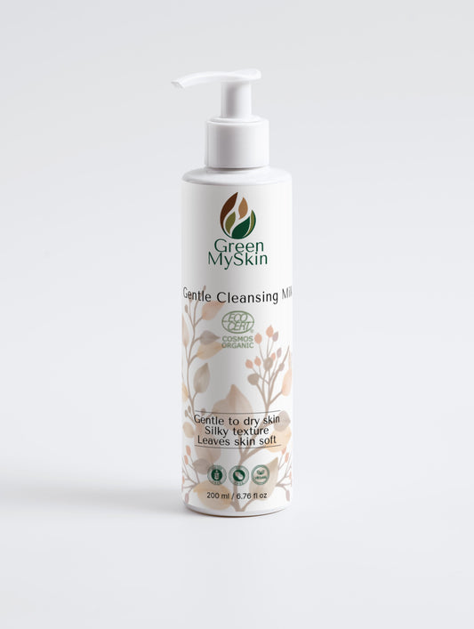 Vegan gentle cleansing milk with organic, cruelty-free ingredients to remove impurities and makeup while soothing and hydrating skin, available at greenmyskin.com.