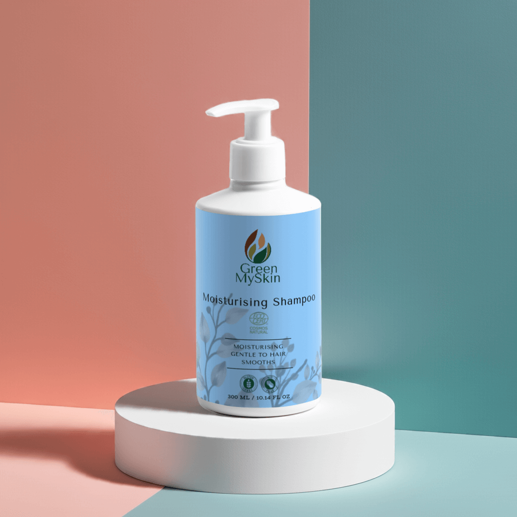 Gentle moisturising shampoo bottle for daily hair care with pump dispenser.