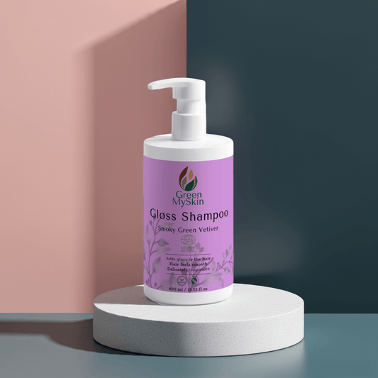 Gloss-shampoo Smoky Green Vetiver, adds gloss, smooth feel, delicately fragranced.