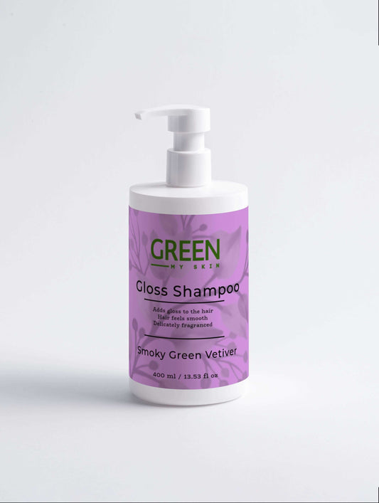 Gloss-shampoo Smoky Green Vetiver, adds gloss, smooth feel, delicately fragranced.
