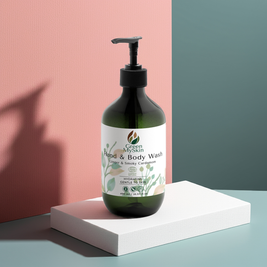Ginger & Smoky Cardamom Hand-Body Wash, hydrating and vegan, in green pump bottle.