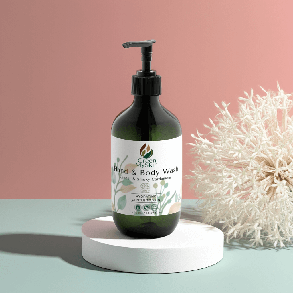 Ginger & Smoky Cardamom Hand-Body Wash, hydrating and vegan, in green pump bottle.