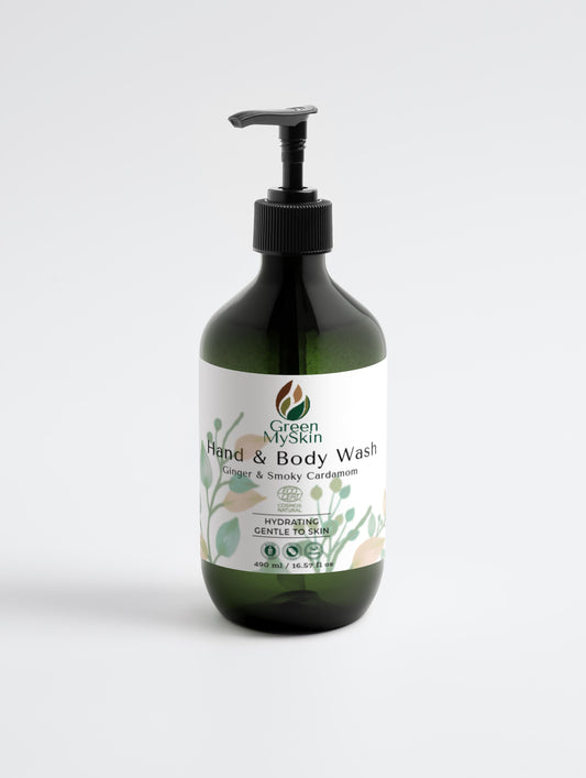 Ginger & Smoky Cardamom Hand-Body Wash, hydrating and vegan, in green pump bottle.