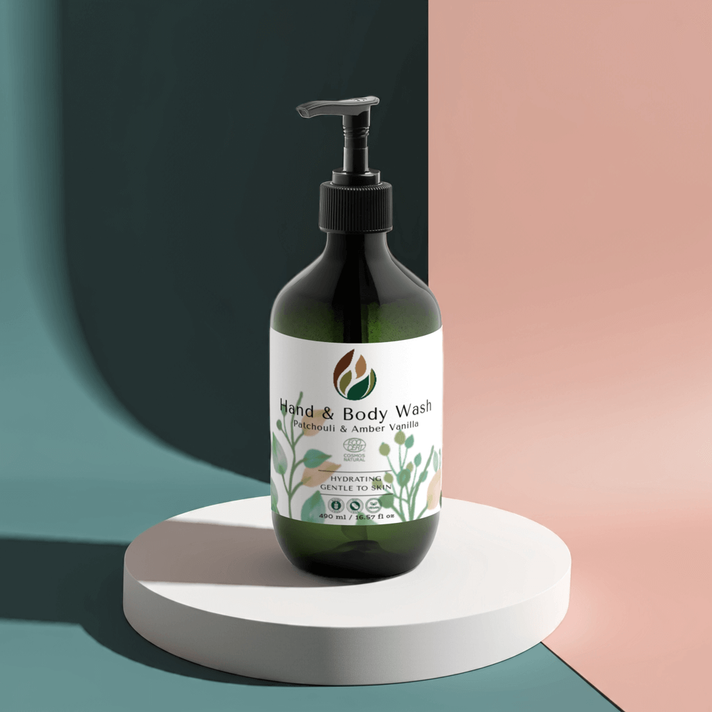 Hydrating hand and body wash with patchouli and amber vanilla scent in a pump bottle.