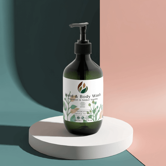 Hydrating hand and body wash with patchouli and amber vanilla scent in a pump bottle.