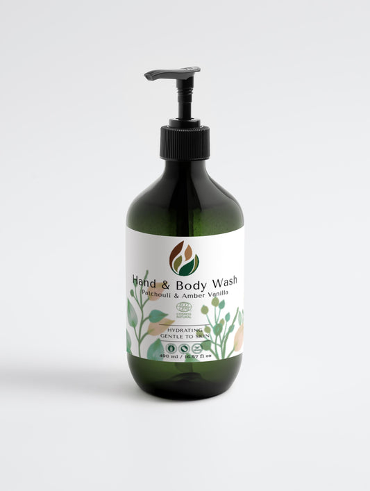 Hydrating hand and body wash with patchouli and amber vanilla scent in a pump bottle.