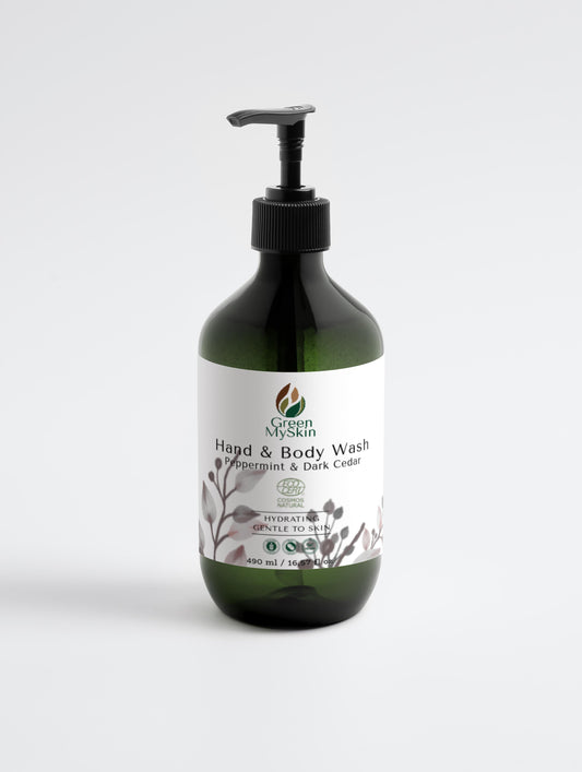 Gentle hand-body wash with peppermint and dark cedar in a black pump bottle.