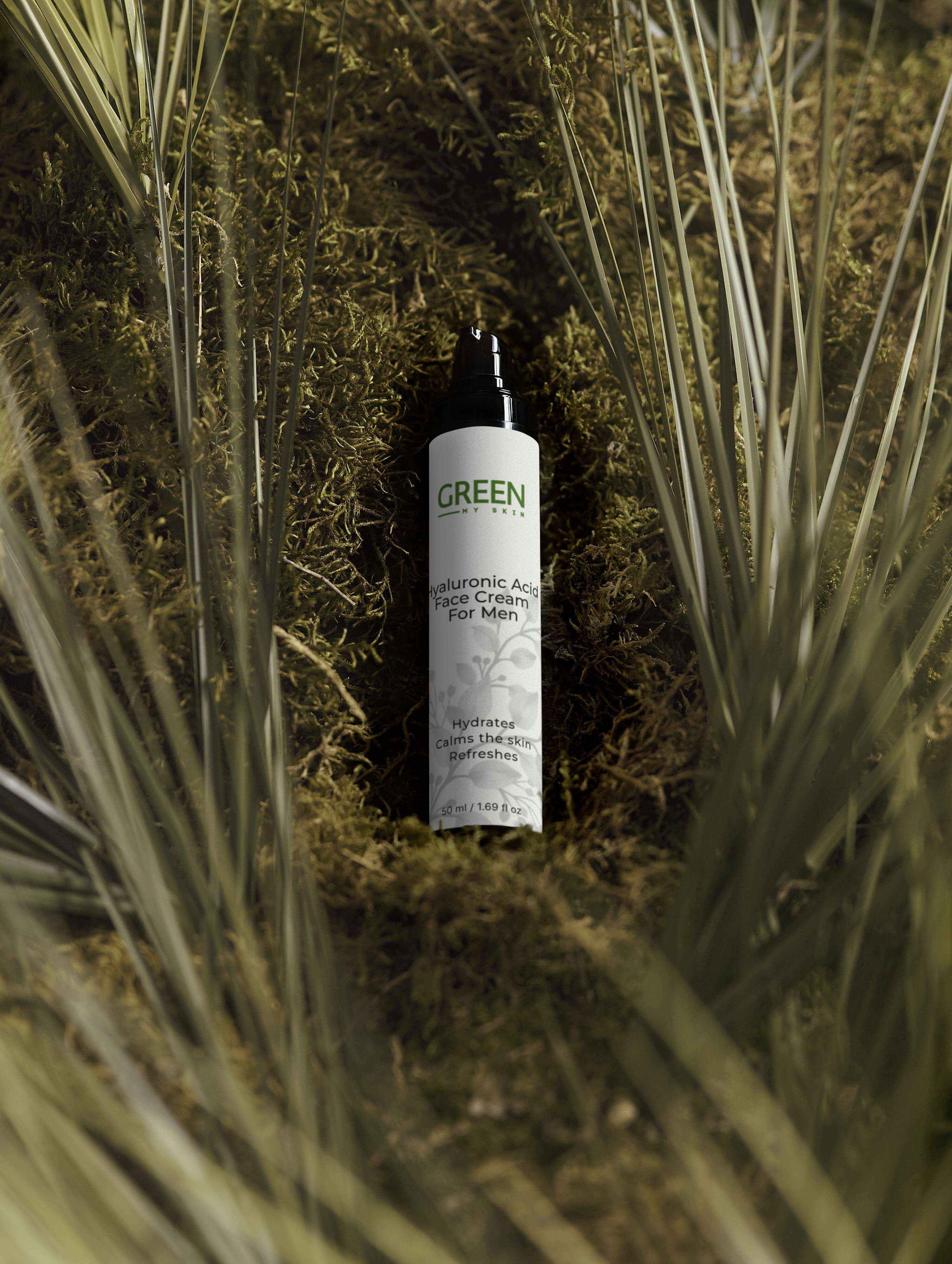 Vegan hyaluronic acid face cream for men with organic, cruelty-free ingredients to hydrate, smooth, and rejuvenate skin, available at greenmyskin.com.