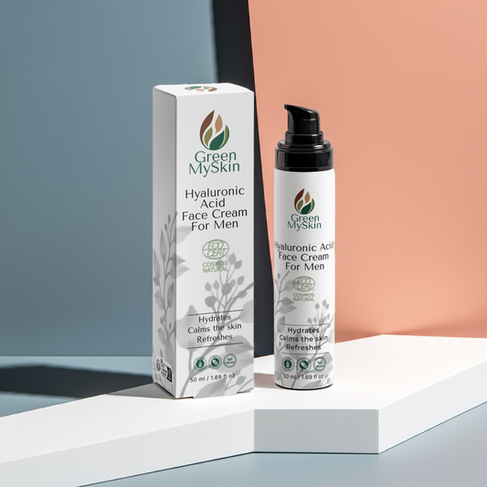 Hyaluronic face cream for men, hydrates and calms skin, 50ml bottle.
