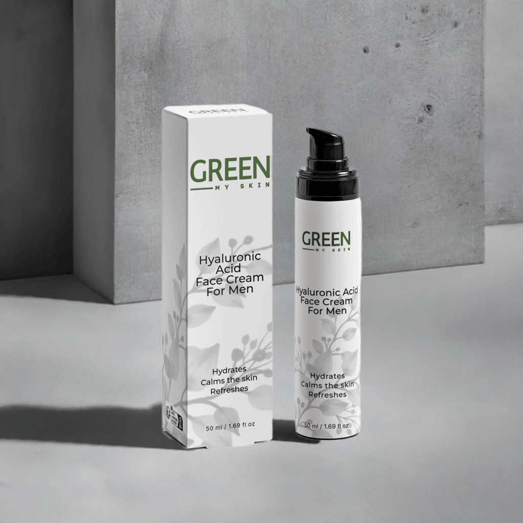 Vegan hyaluronic acid face cream for men with organic, cruelty-free ingredients to hydrate, smooth, and rejuvenate skin, available at greenmyskin.com.