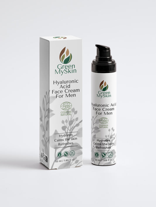 Vegan hyaluronic acid face cream for men with organic, cruelty-free ingredients to hydrate, smooth, and rejuvenate skin, available at greenmyskin.com.