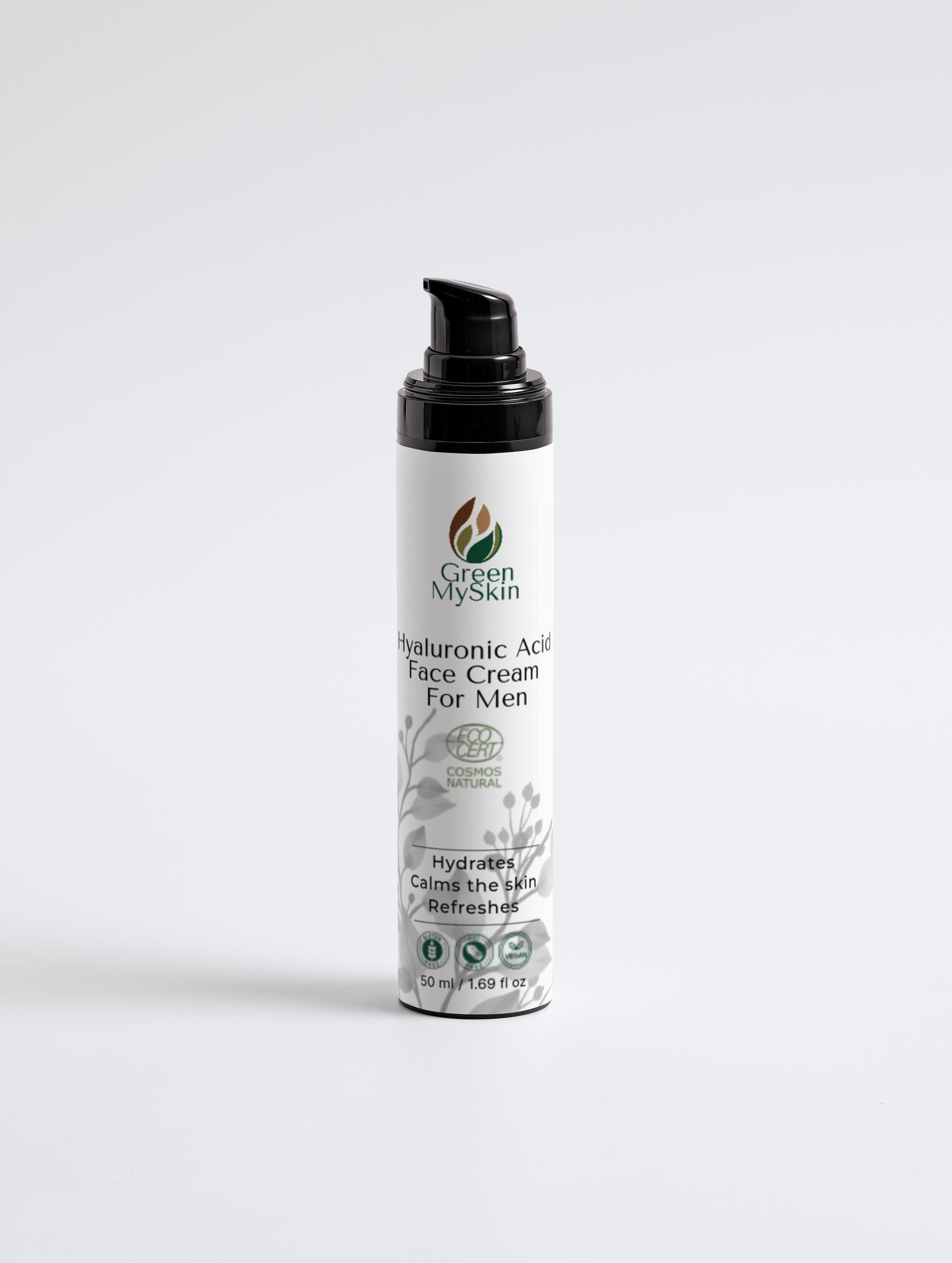 Hyaluronic face cream for men, hydrates and calms skin, 50ml bottle.