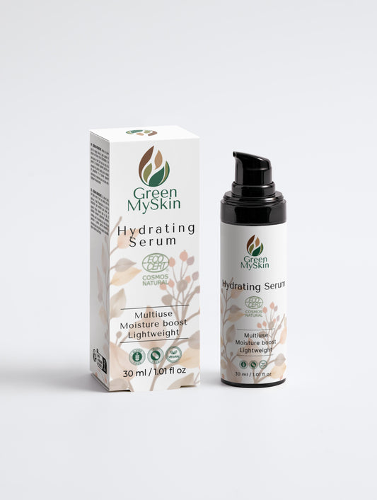 Vegan hydrating serum with organic, cruelty-free ingredients to deeply moisturize, replenish, and revitalize skin, available at greenmyskin.com.