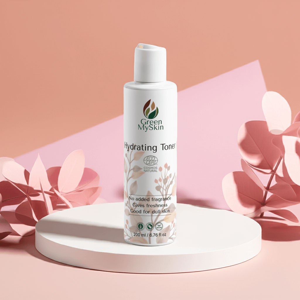 Hydrating toner bottle with hyaluronic acid, ideal for radiant and moisturized skin.