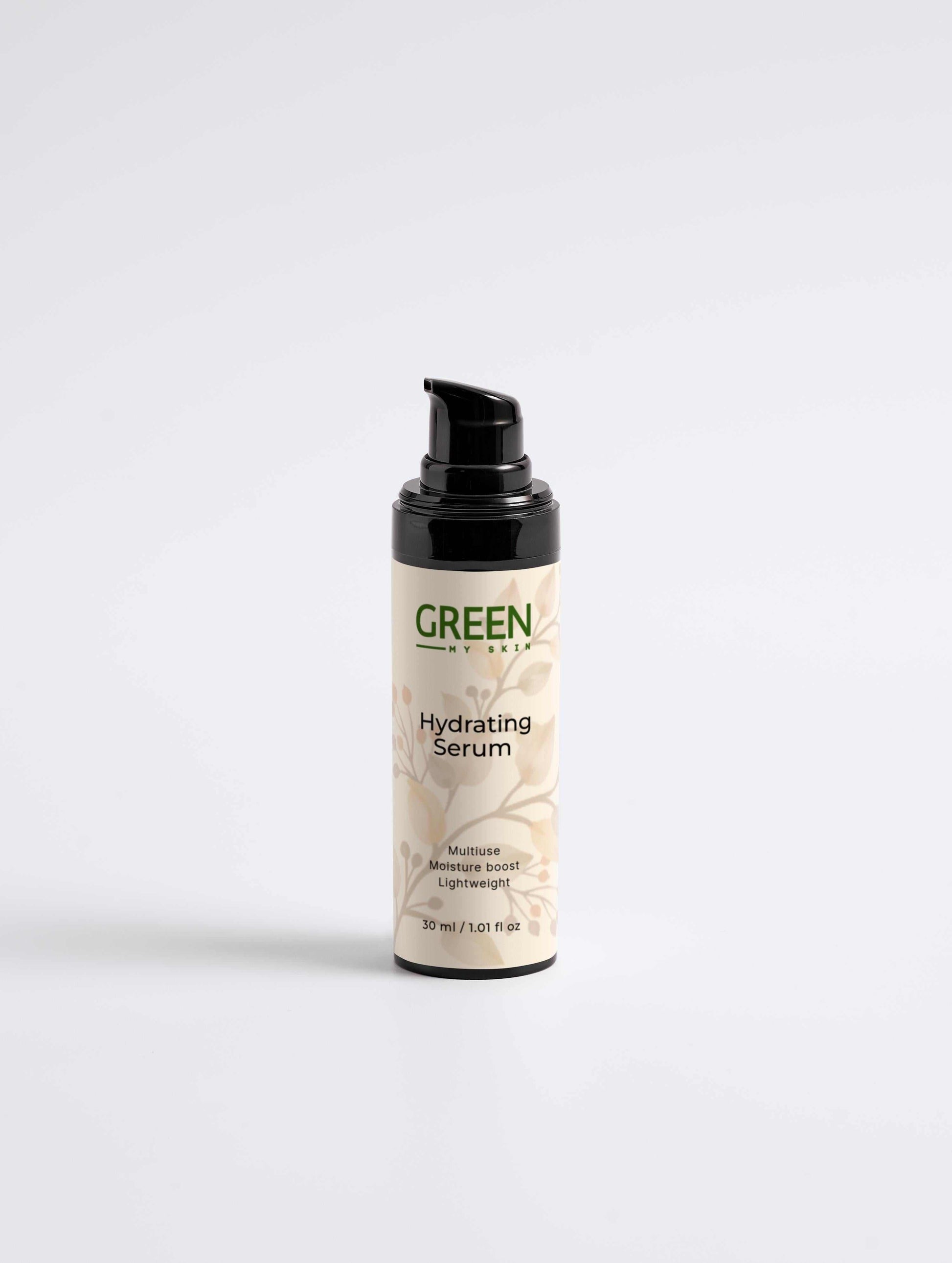 Vegan hydrating serum with organic, cruelty-free ingredients to deeply moisturize, replenish, and revitalize skin, available at greenmyskin.com.