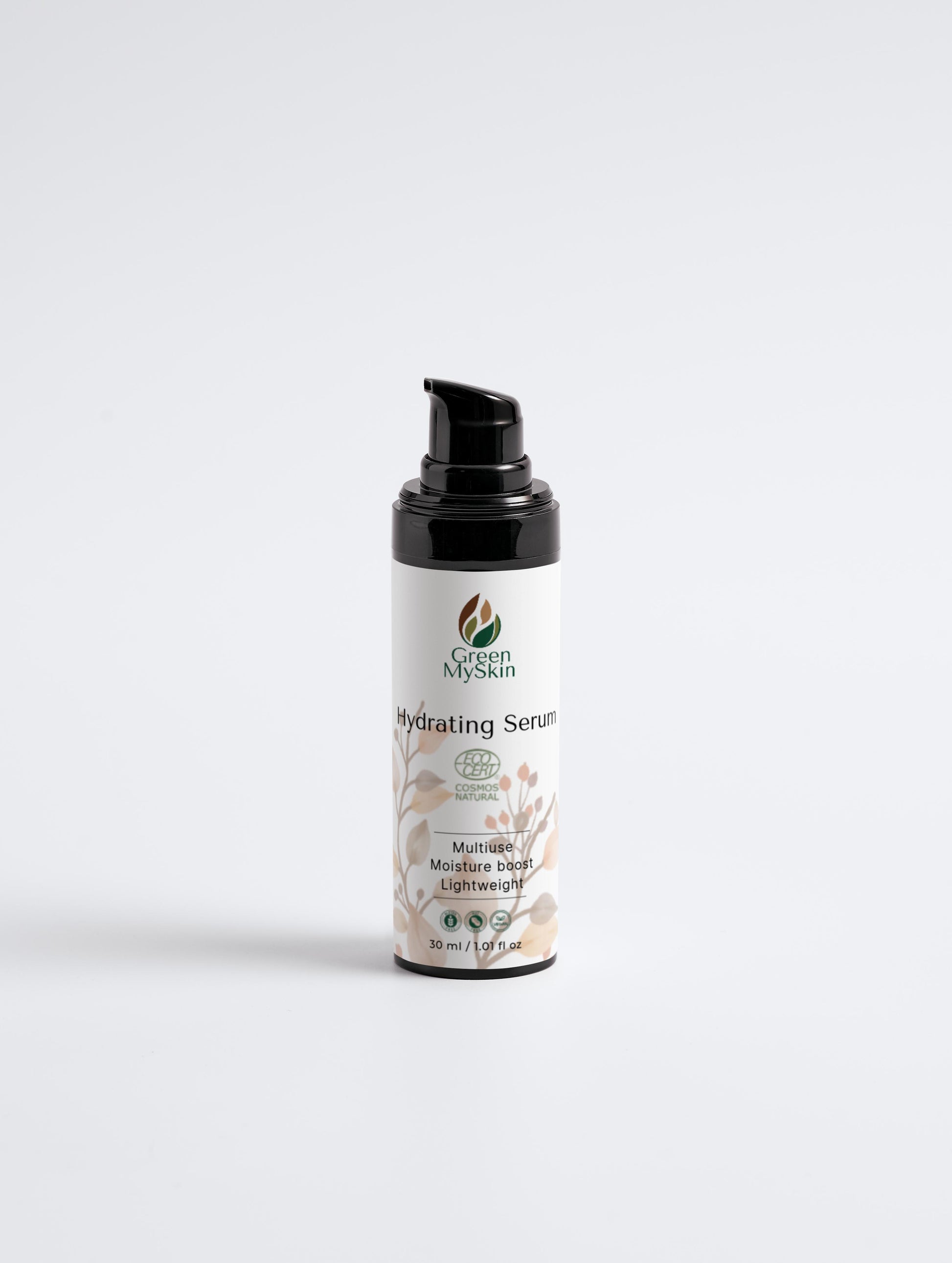 Vegan hydrating serum with organic, cruelty-free ingredients to deeply moisturize, replenish, and revitalize skin, available at greenmyskin.com.