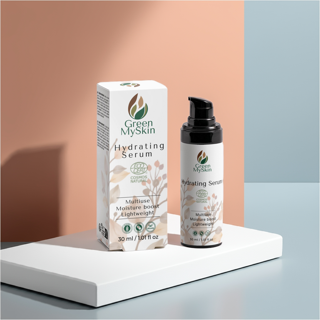 Hydrating serum bottle and packaging with lush green leaves, promoting radiant and soothing skin.
