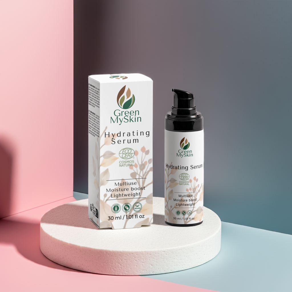 Hydrating Serum for radiant and soothing skin with lightweight formula, enriched with Bisabolol, Cloudberry, and Peony extracts, displayed with packaging.