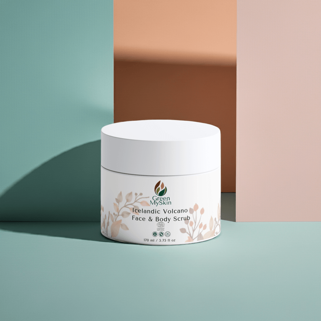 White jar of Icelandic Volcano Face & Body Scrub on a colorful background