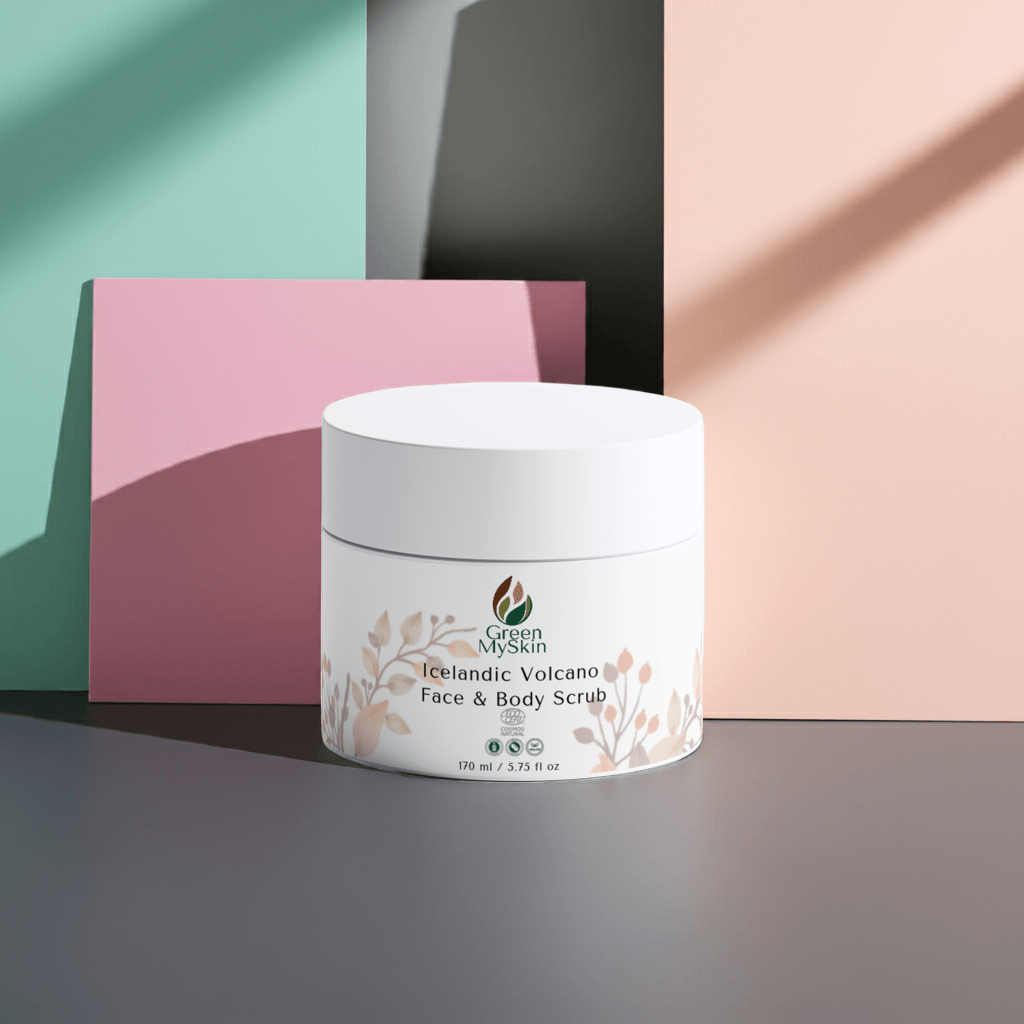 Jar of Icelandic Volcano Face & Body Scrub on a colorful background