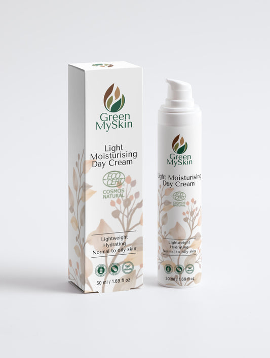 Organic light moisturising day cream with vegan, cruelty-free ingredients to hydrate and protect skin for a smooth, refreshed look, available at greenmyskin.com.