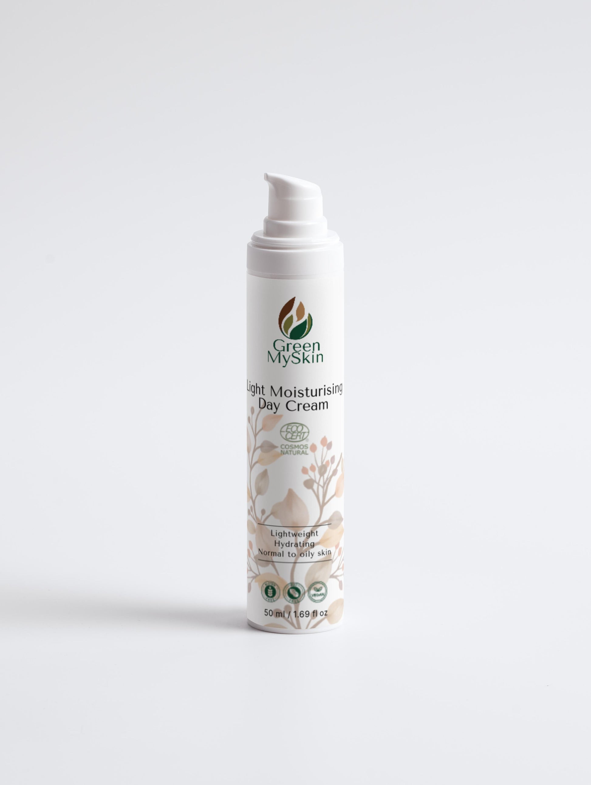 Organic light moisturising day cream with vegan, cruelty-free ingredients to hydrate and protect skin for a smooth, refreshed look, available at greenmyskin.com.