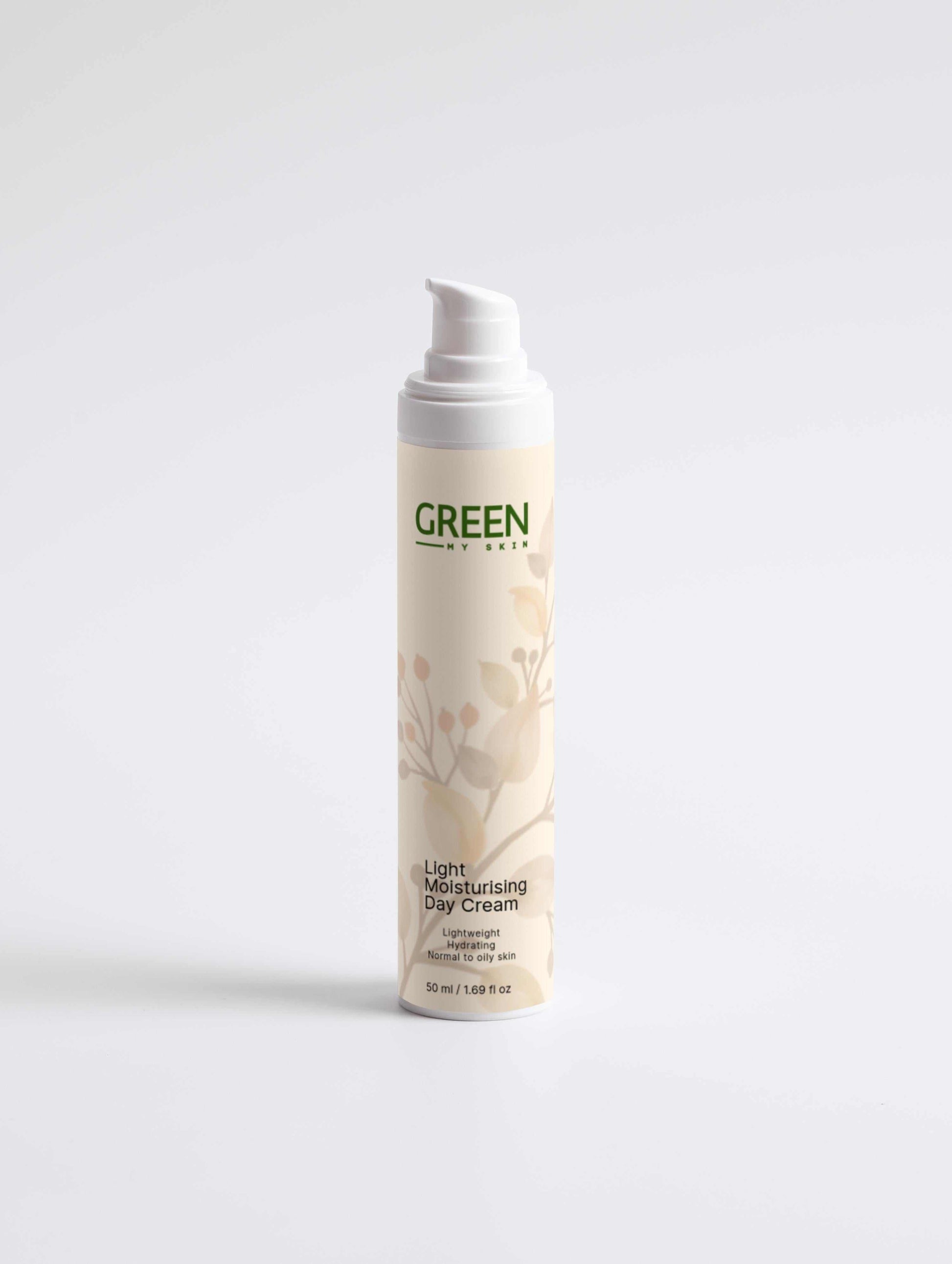 Organic light moisturising day cream with vegan, cruelty-free ingredients to hydrate and protect skin for a smooth, refreshed look, available at greenmyskin.com.