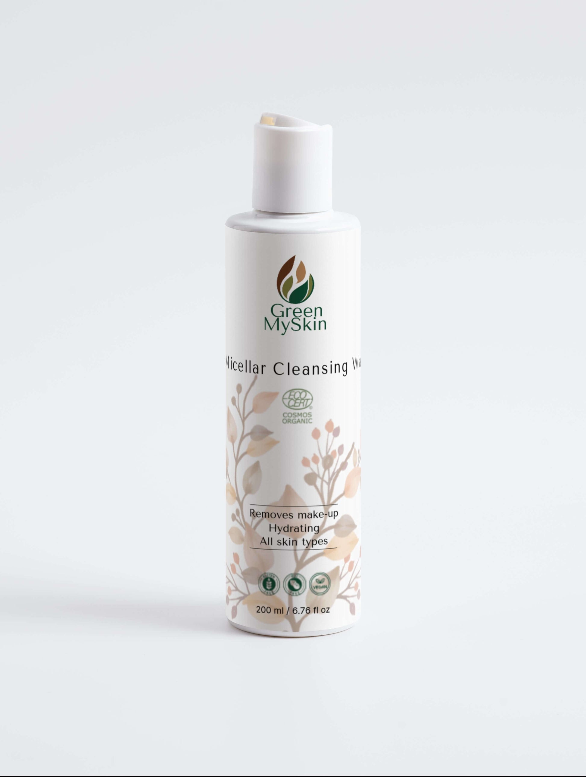 Vegan micellar cleansing water with organic, cruelty-free ingredients to gently remove makeup and impurities while hydrating and soothing skin, available at greenmyskin.com.