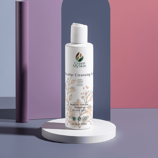 Vegan micellar cleansing water with organic, cruelty-free ingredients to gently remove makeup and impurities while hydrating and soothing skin, available at greenmyskin.com.