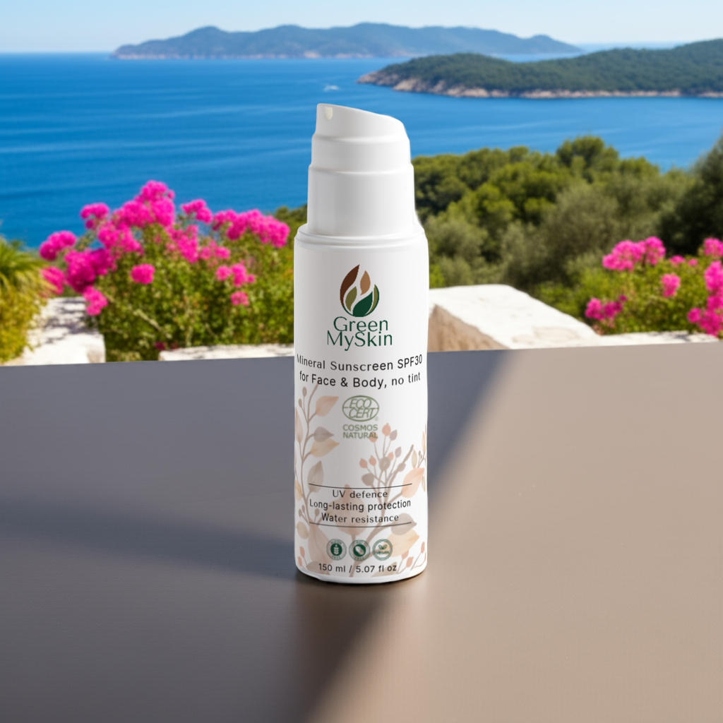 Mineral Sunscreen SPF30 for Face & Body by Green My Skin, with broad-spectrum UVA/UVB protection, against a nature backdrop.