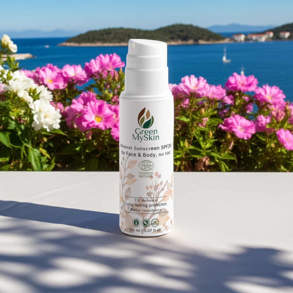 Mineral Sunscreen SPF30 for face and body, vegan ingredients, broad-spectrum UVA/UVB protection, water-resistant.
