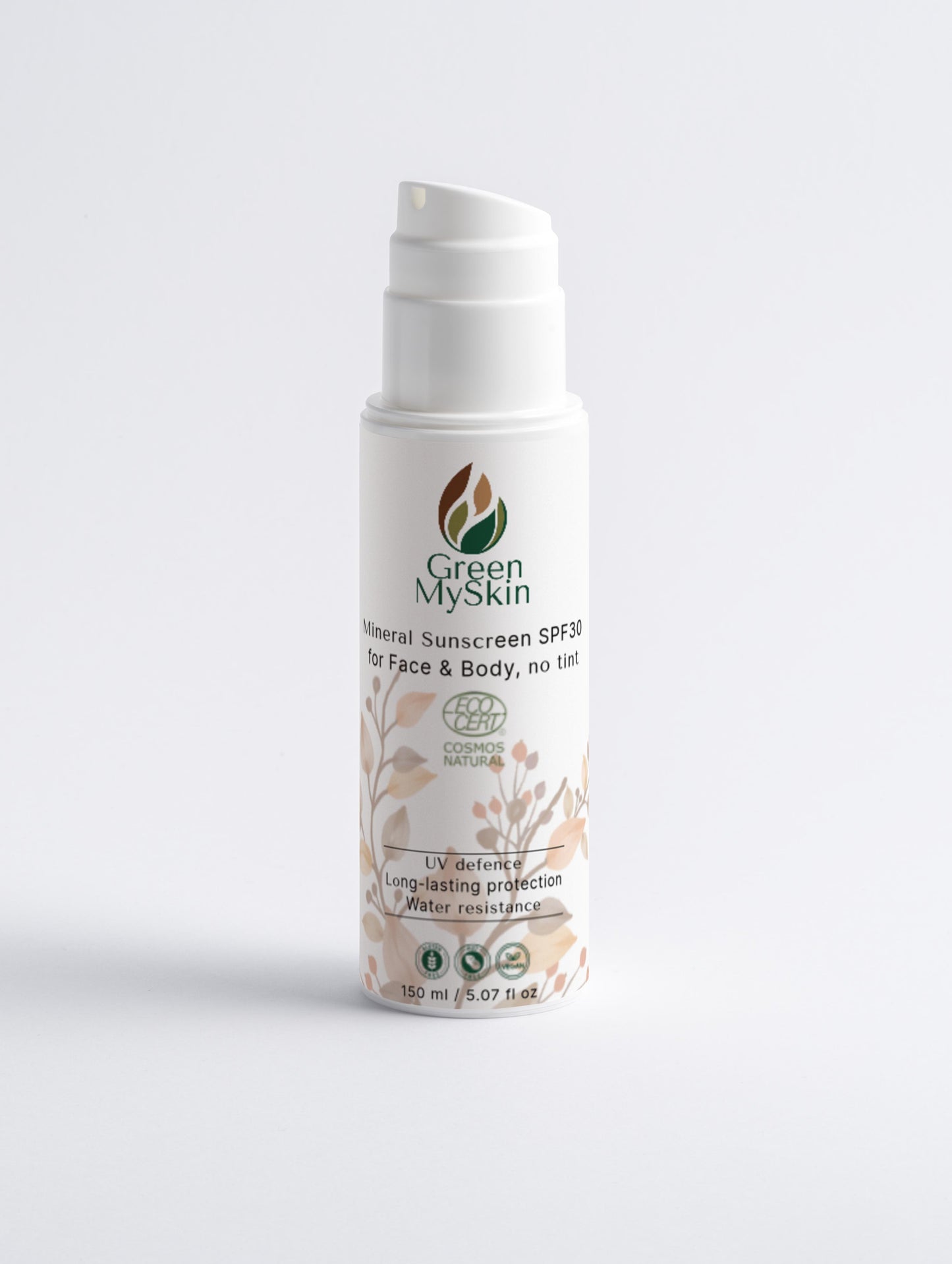 Green My Skin Mineral Sunscreen SPF30 for face and body, vegan and water-resistant for UVA/UVB protection.