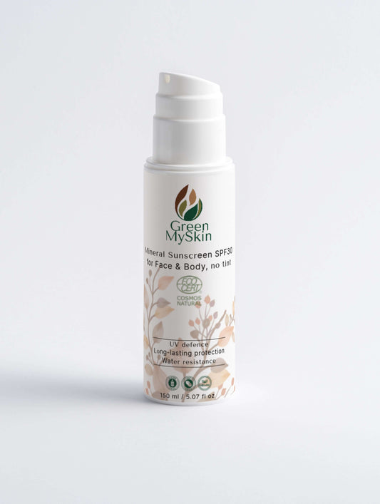 Green My Skin Mineral Sunscreen SPF30 for face and body, vegan and water-resistant for UVA/UVB protection.