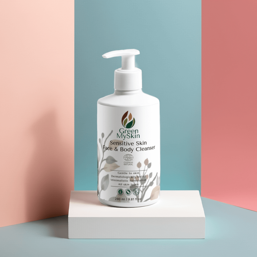 White bottle of Green MySkin Sensitive Skin Face & Body Cleanser standing in a white stand on a pastel colours background 