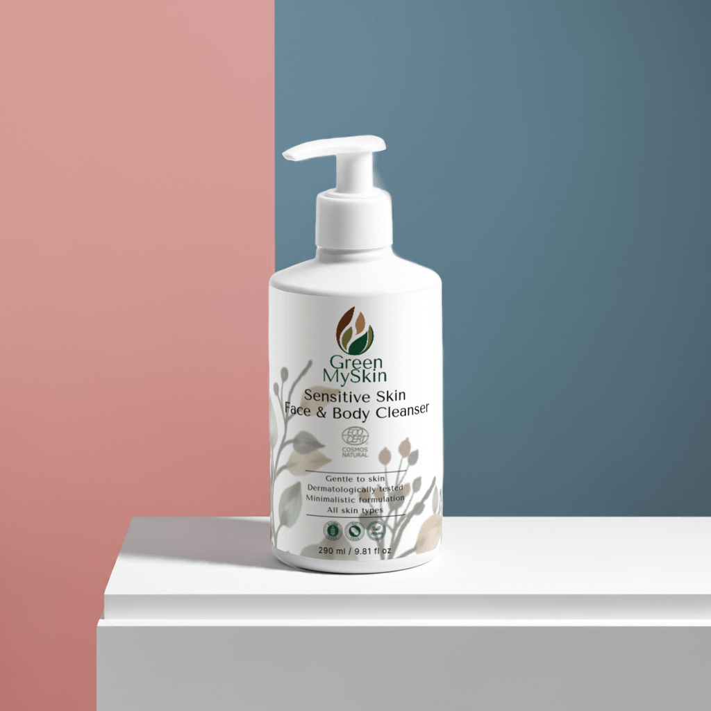 White bottle of Green MySkin Sensitive Skin Face & Body Cleanser standing in a white stand on a pastel colours background 