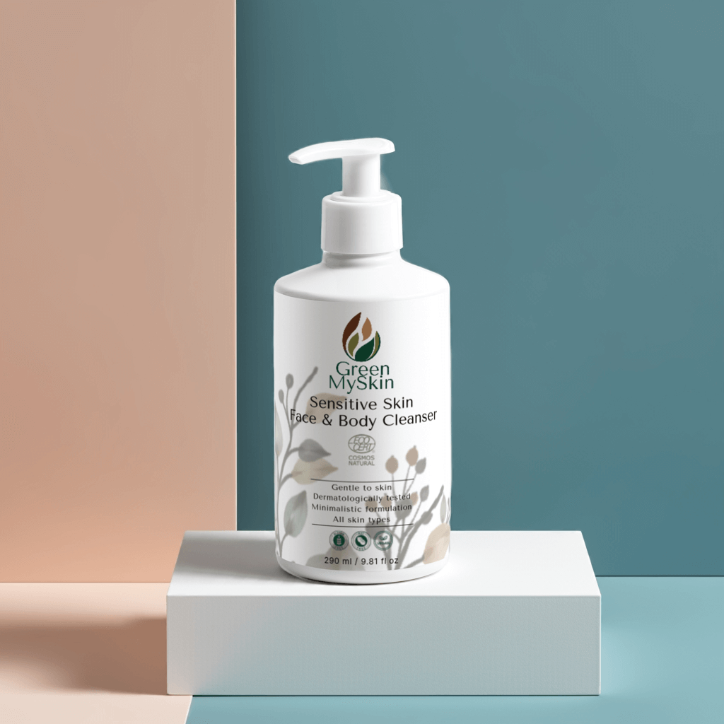 White bottle of Green MySkin Sensitive Skin Face & Body Cleanser standing in a white stand on a pastel colours background 