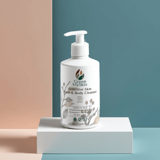 White bottle of Green MySkin Sensitive Skin Face & Body Cleanser standing in a white stand on a pastel colours background 