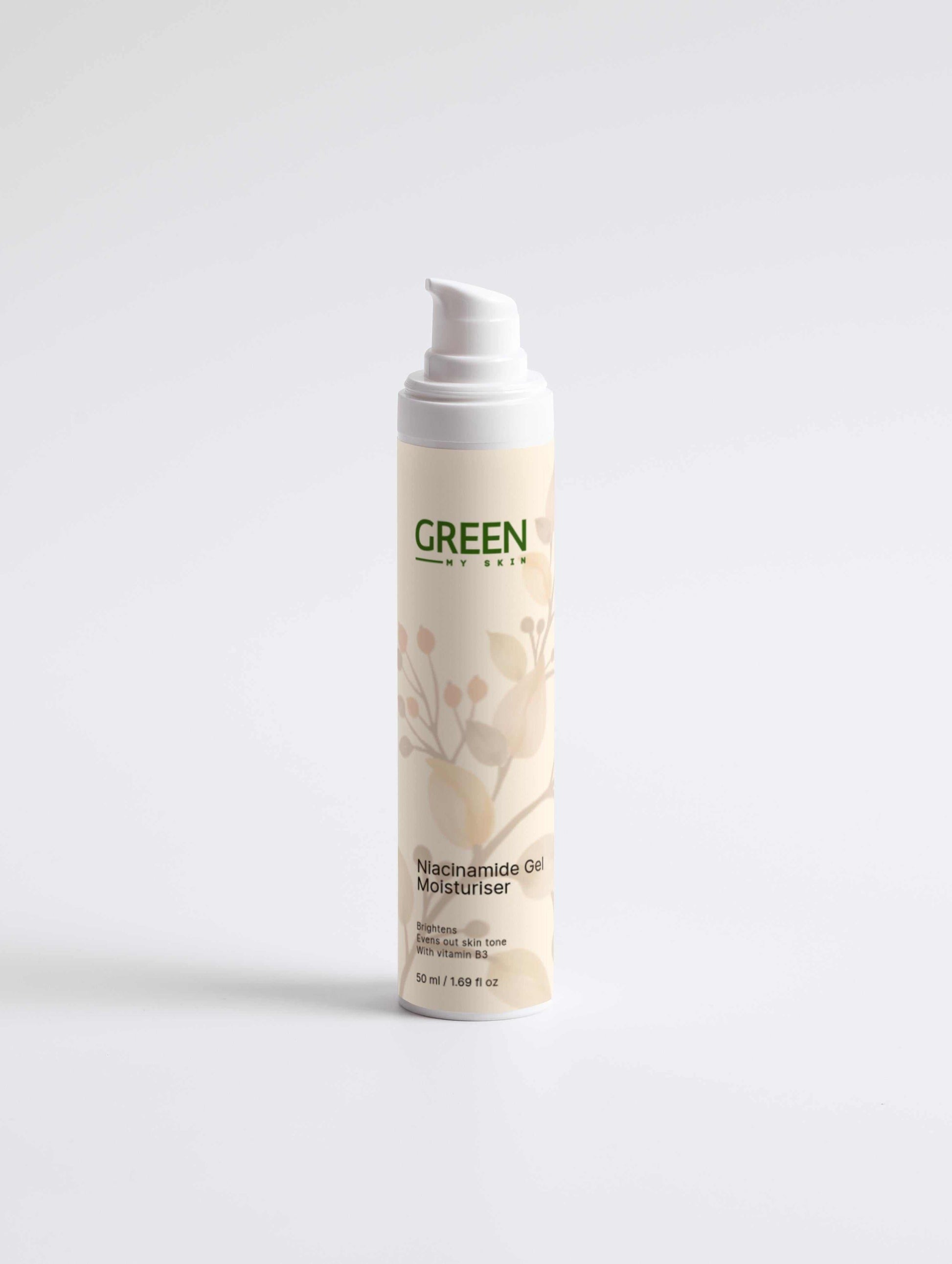 Vegan niacinamide gel moisturiser with organic, cruelty-free ingredients to hydrate, brighten, and even skin tone, available at greenmyskin.com.