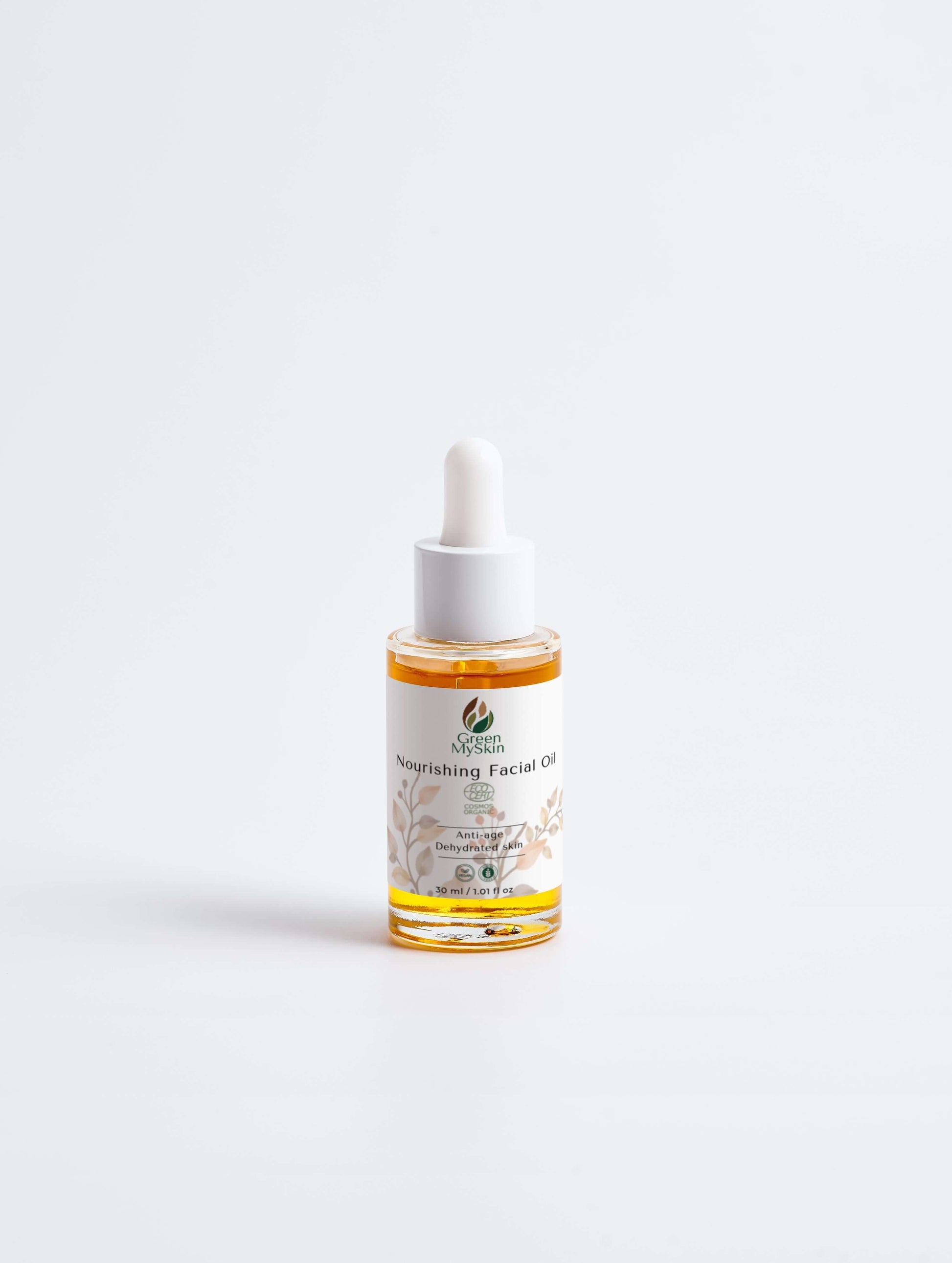 Vegan nourishing facial oil with organic, cruelty-free ingredients to hydrate, restore, and balance skin, available at greenmyskin.com.