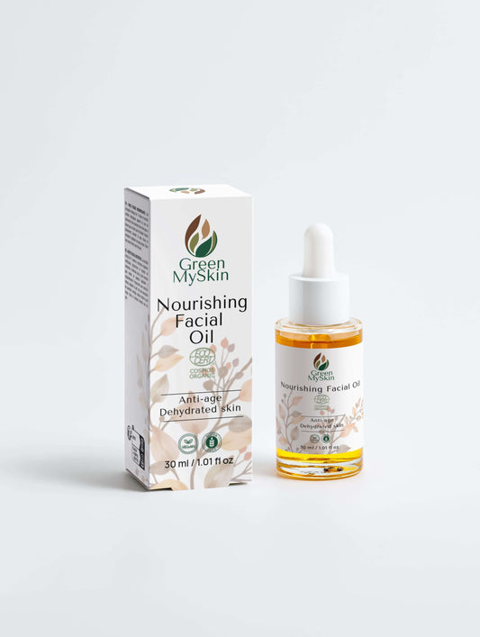 Vegan nourishing facial oil with organic, cruelty-free ingredients to hydrate, restore, and balance skin, available at greenmyskin.com.