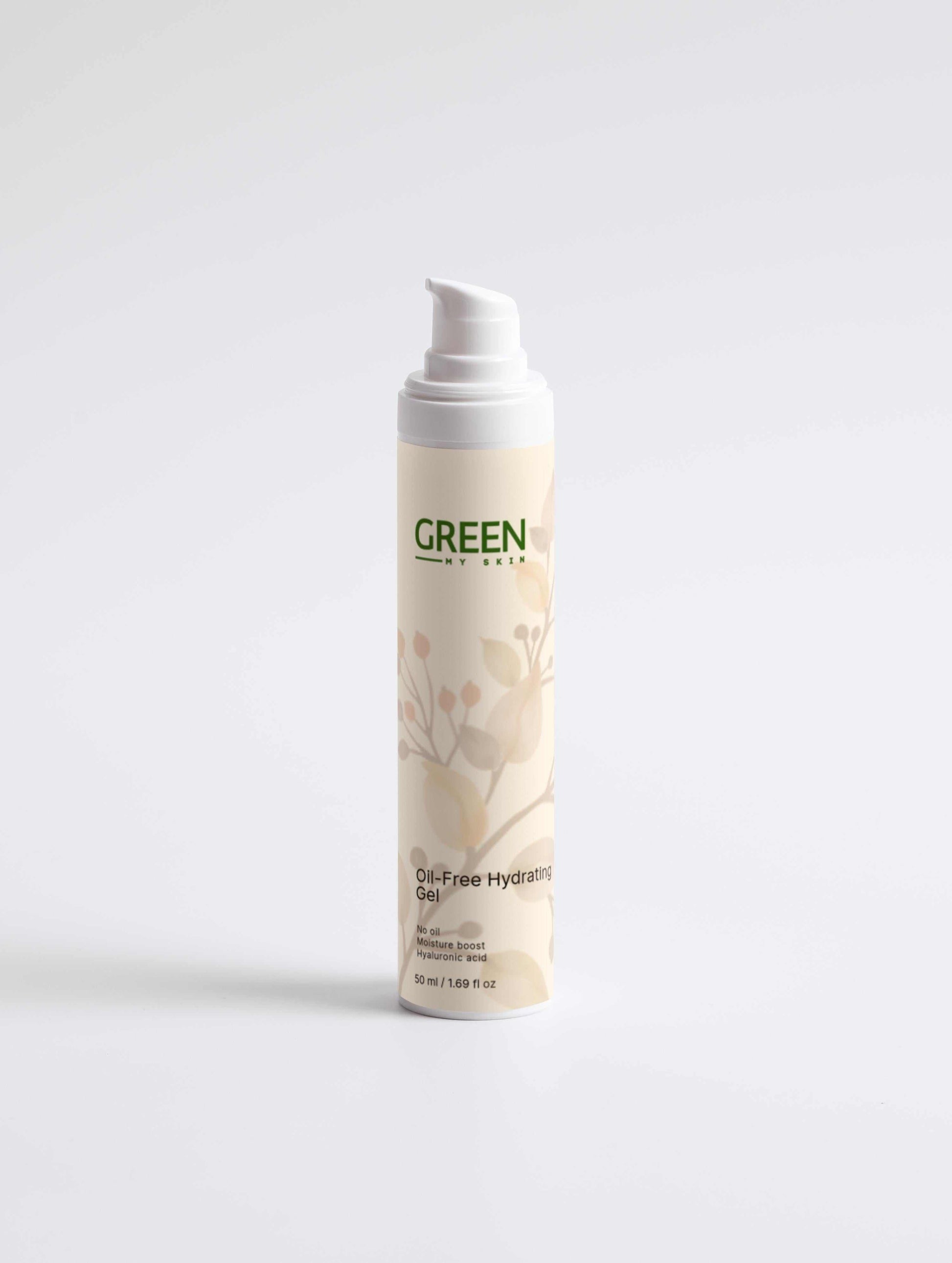 Vegan oil-free hydrating gel with organic, cruelty-free ingredients to refresh, hydrate, and balance skin without clogging pores, available at greenmyskin.com.