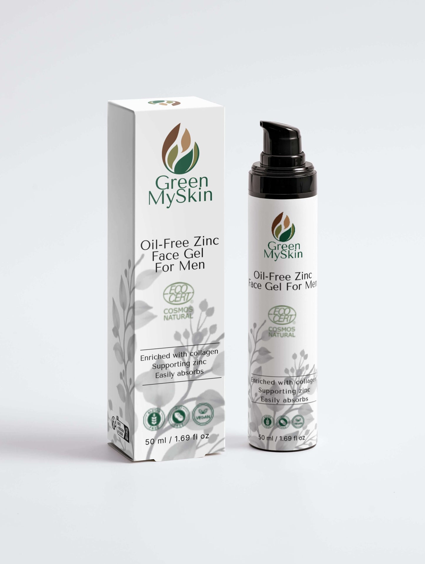 Vegan oil-free zinc face gel for men with organic, cruelty-free ingredients to control oil, hydrate, and protect skin, available at greenmyskin.com