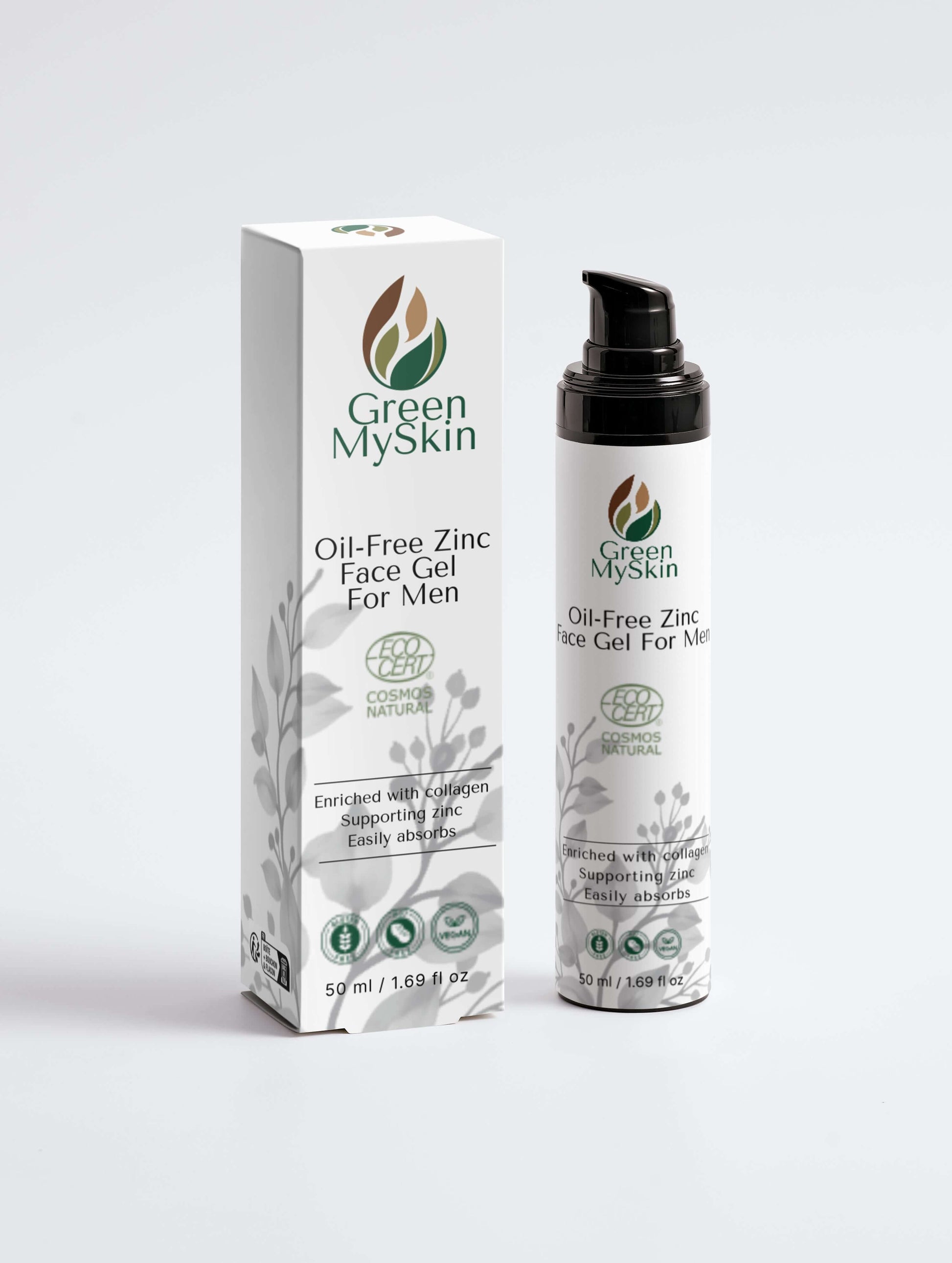 Vegan oil-free zinc face gel for men with organic, cruelty-free ingredients to control oil, hydrate, and protect skin, available at greenmyskin.com