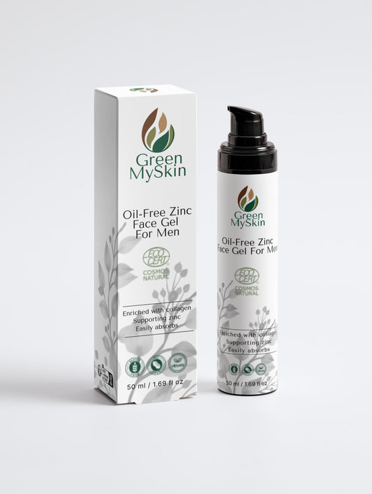 Vegan oil-free zinc face gel for men with organic, cruelty-free ingredients to control oil, hydrate, and protect skin, available at greenmyskin.com