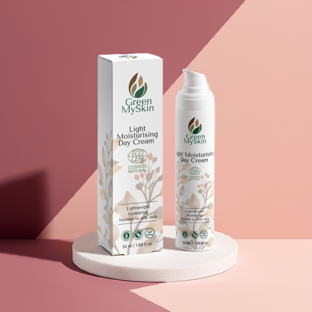 Organic light moisturising day cream with vegan, cruelty-free ingredients to hydrate and protect skin for a smooth, refreshed look, available at greenmyskin.com.