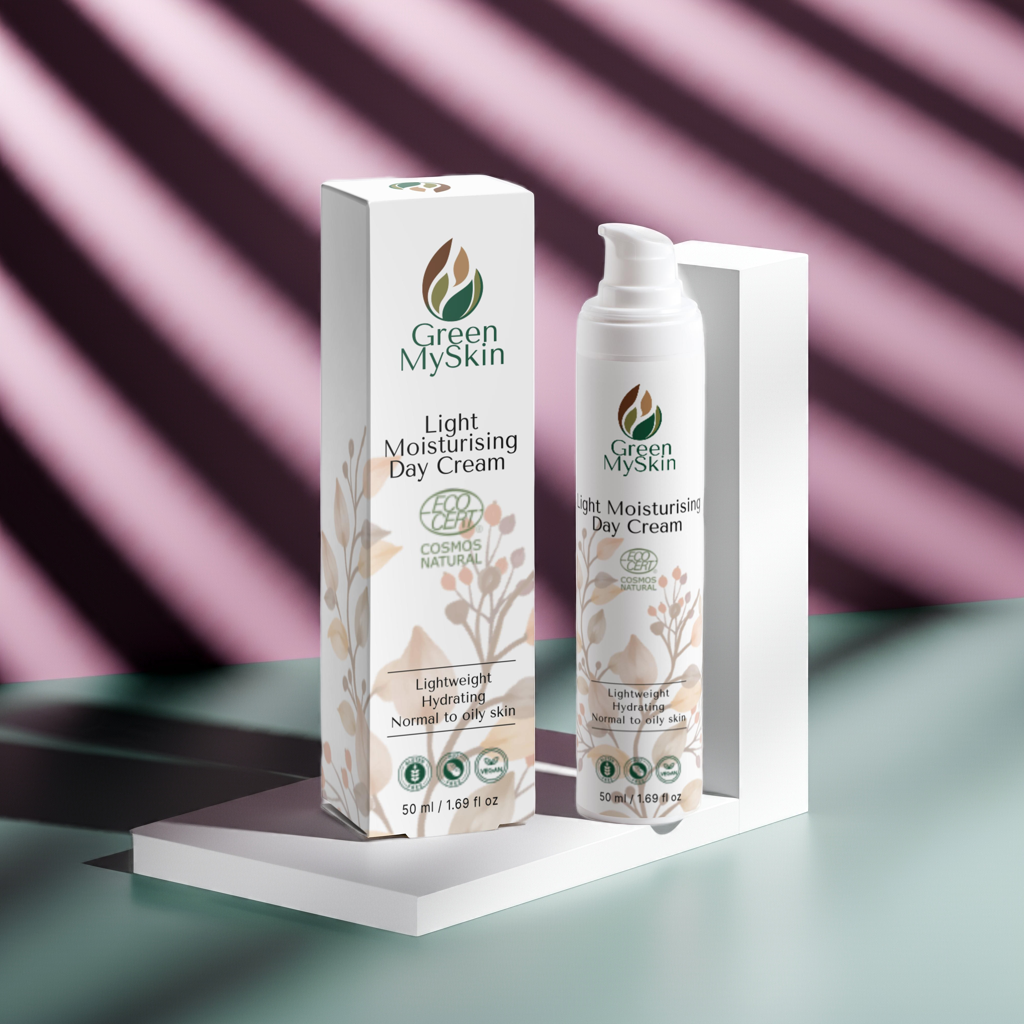 Lightweight moisturising day cream with hyaluronic acid for radiant skin, featuring packaging amidst greenery.