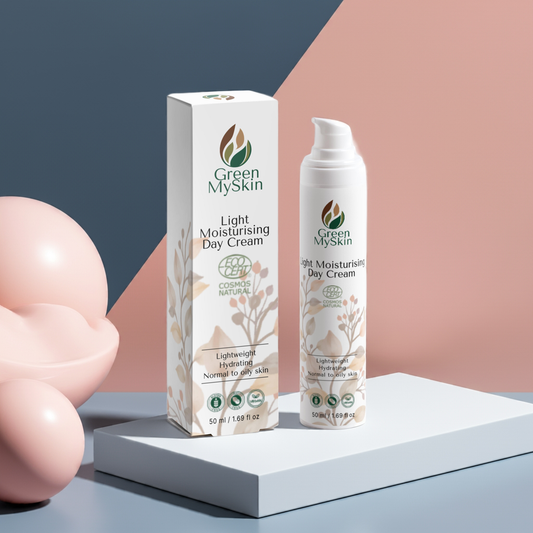 Light Moisturising Day Cream with Hyaluronic Acid in a natural setting, showcasing eco-friendly packaging.