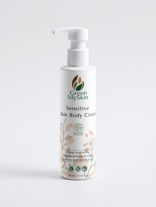 Bottle of Green MySkin Sensitive Skin Body Cream on a white background